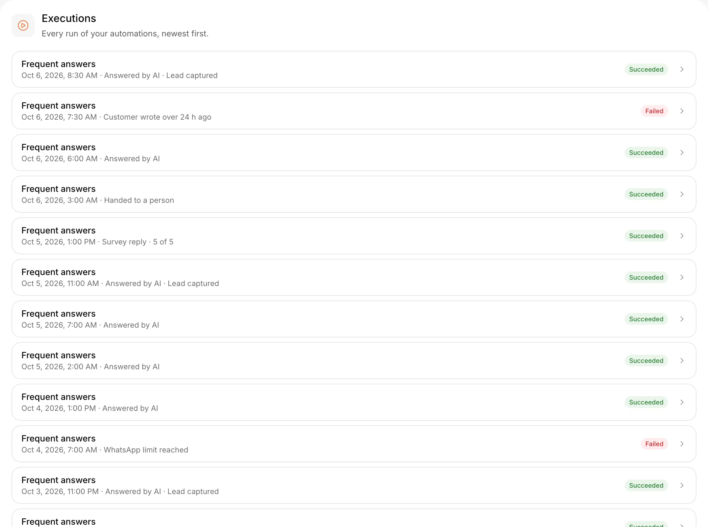 The executions list: every run of an automation, newest first, with its result