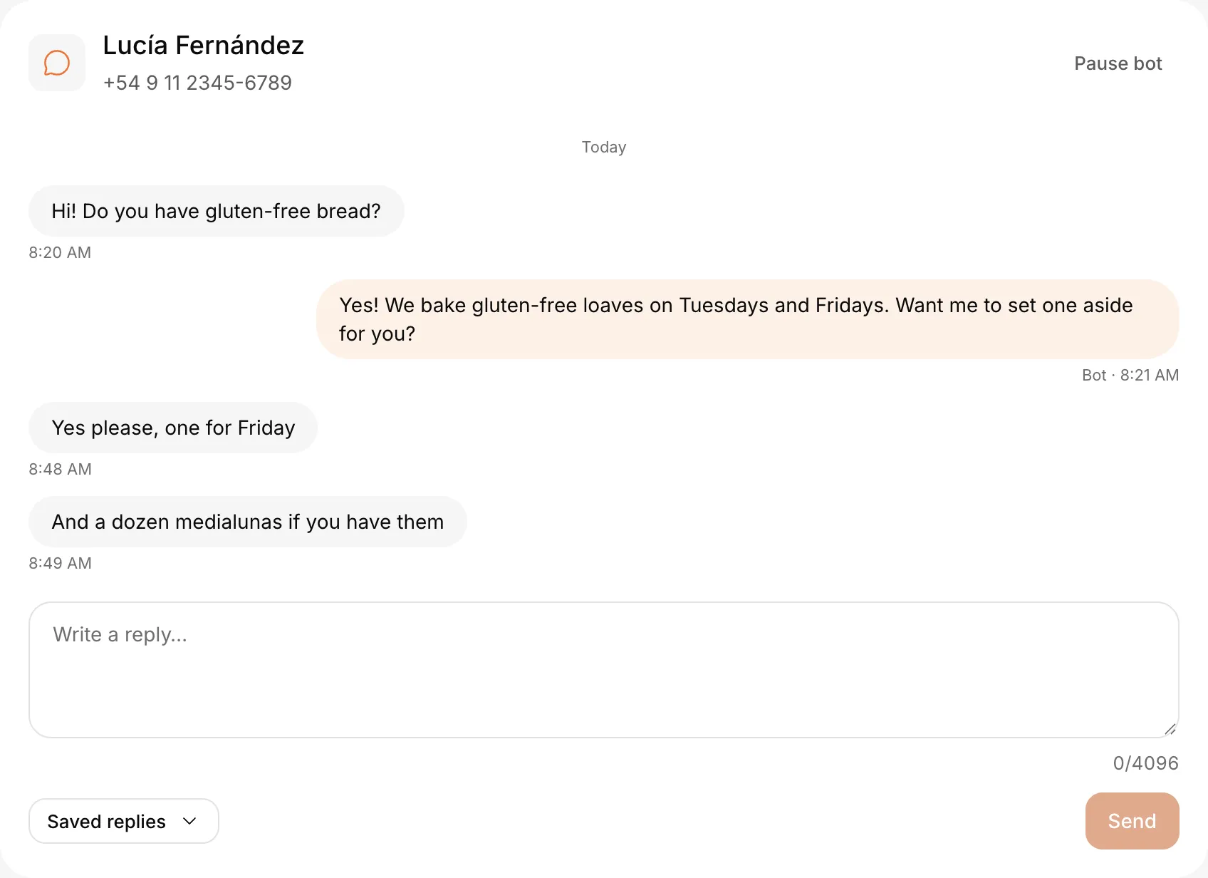 A WhatsApp conversation in the shared inbox, answered by the bot and open for a reply